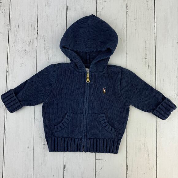 Polo Ralph Lauren Blue Pony Full Zip Hooded Knit Sweater Size 3 Months Preppy - Picture 1 of 9